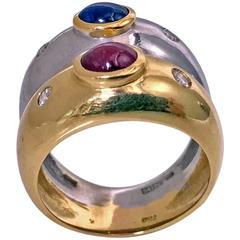 1970s Ming's Sapphire Ruby Diamond Two Color Gold Double Band Ring 4