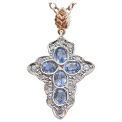 Vintage Sapphires, Diamonds, Rose Gold and Silver Cross Pendant.