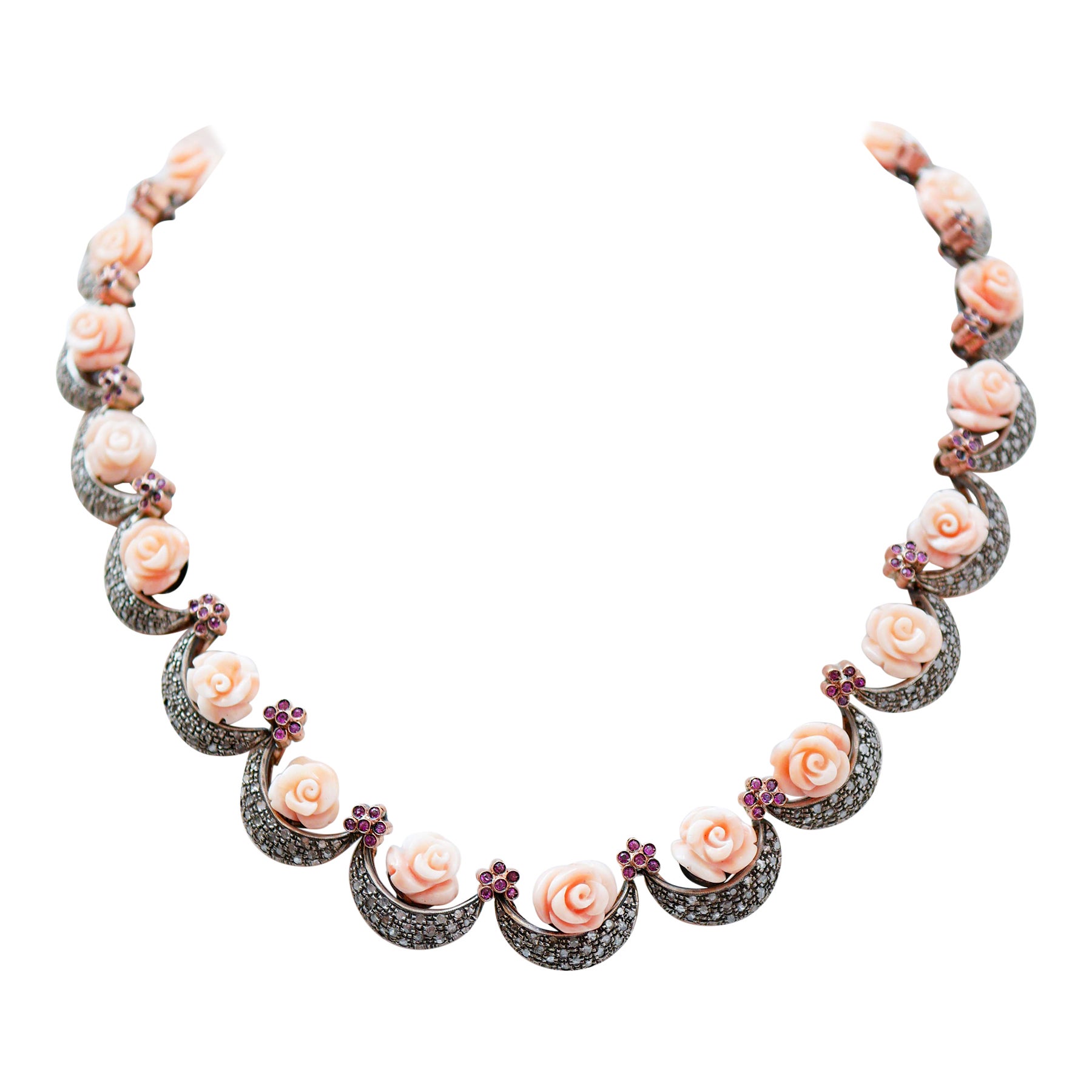 Pink Corals, Rubies, Diamonds, Rose Gold and Silver Retrò Necklace. For Sale