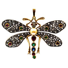 Art Nouveau White Diamond Ruby Emerald Sapphire Yellow Gold "Butterfly" Pendant