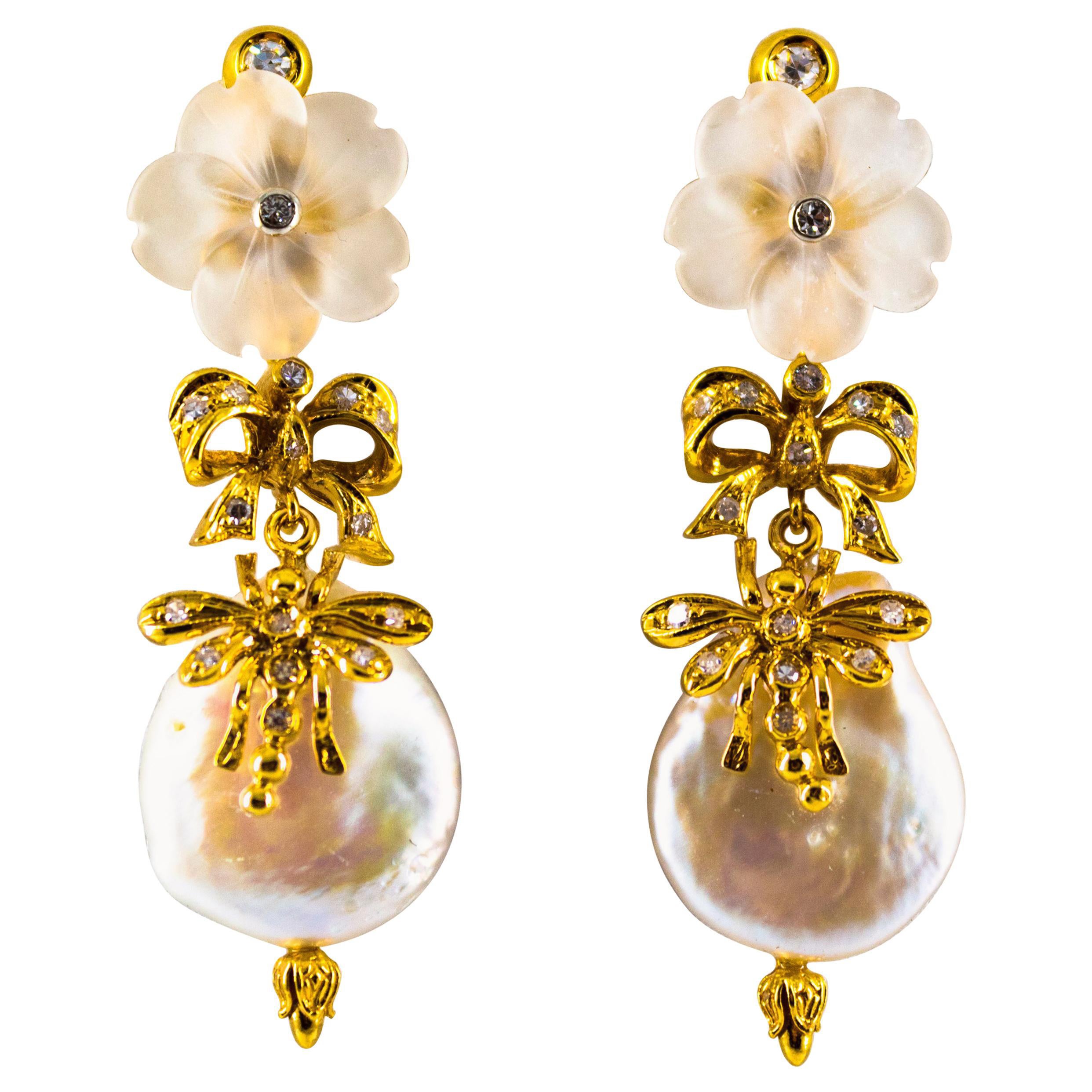 Art Nouveau Style White Diamond Rock Crystal Pearl Yellow Gold Drop Earrings For Sale
