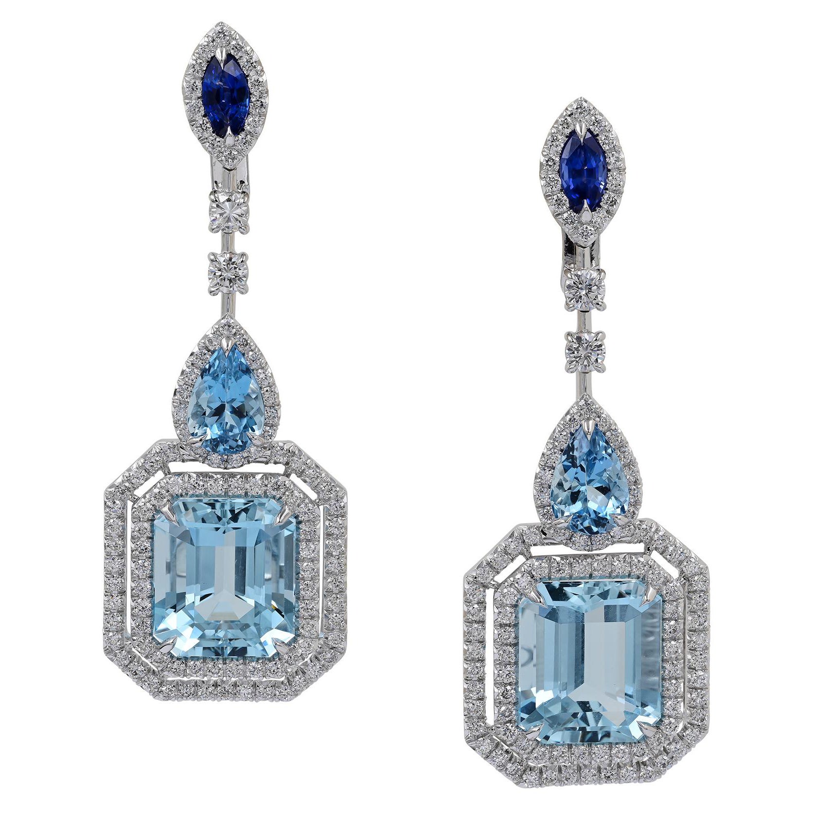 Sophia D. 16.27 Carat Aquamarine, Sapphire and Diamond Platinum Earrings For Sale