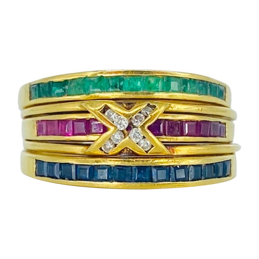 Vintage 1.45 Carat Emeralds, Sapphires, Rubys and Diamonds Stackable Rings 18k For Sale