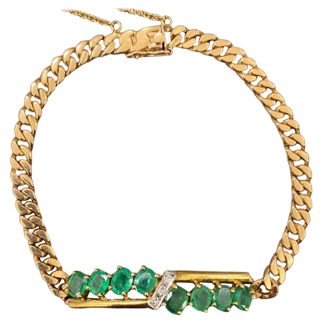Vintage 2.00 Carat Emeralds and Diamonds Cuban Link Bracelet 14k Gold For Sale