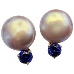 Gray Coin Pearl Blue Ceylon Sapphire Stud Earrings