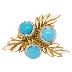 Estate Montclair Turquoise Cabochon & White Diamond Brooch in 18K Yellow Gold