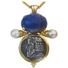 Antique Lapis Lazuli Scarab Silver Amulet Gray Pearl Gold Pendant
