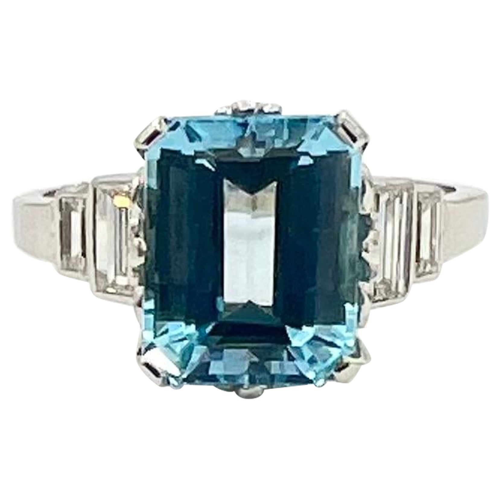 Art Deco Blue Topaz and Diamond Platinum Ring