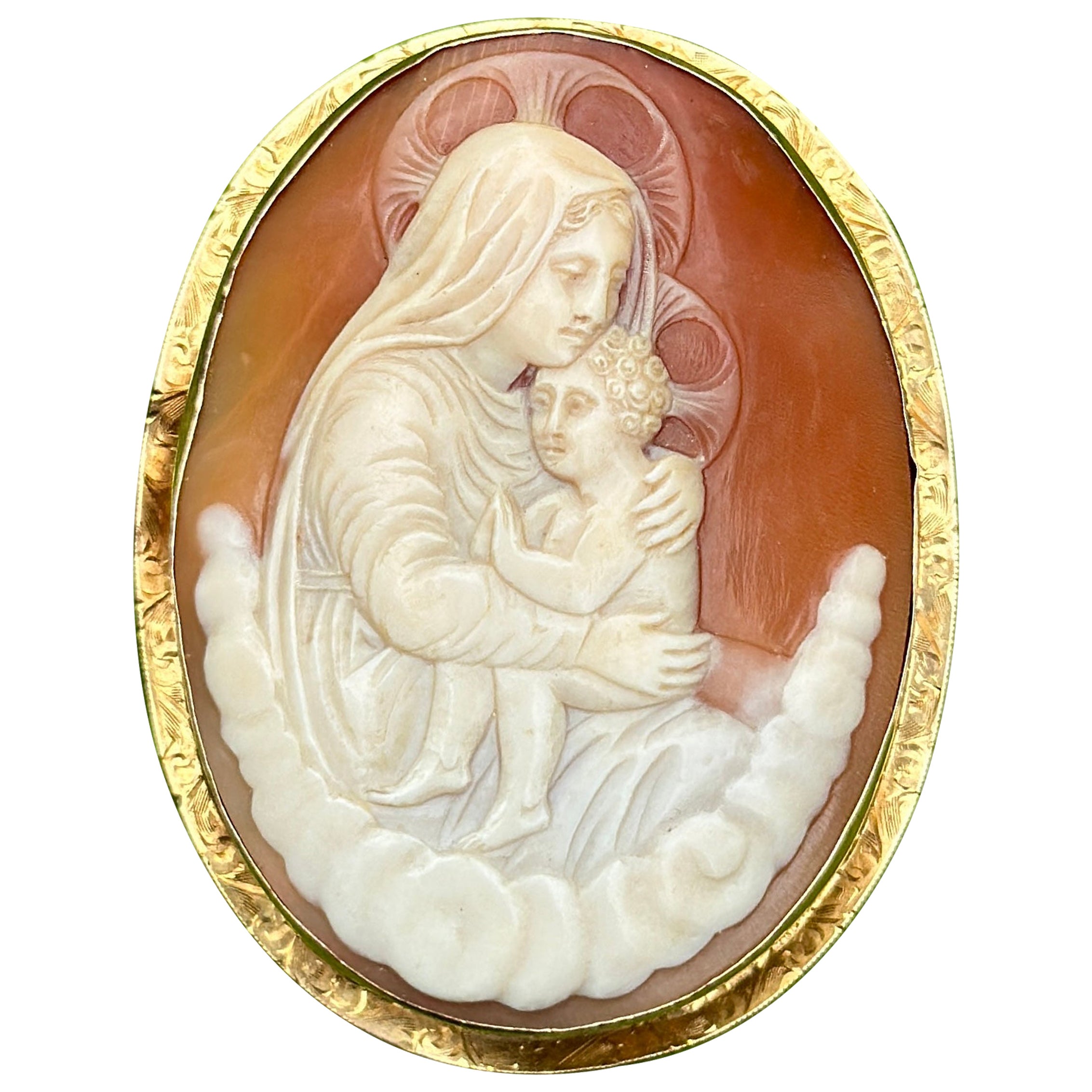 Madonna and Child Cameo Pendant Brooch Pin 14 Karat Gold Antique Victorian Rare