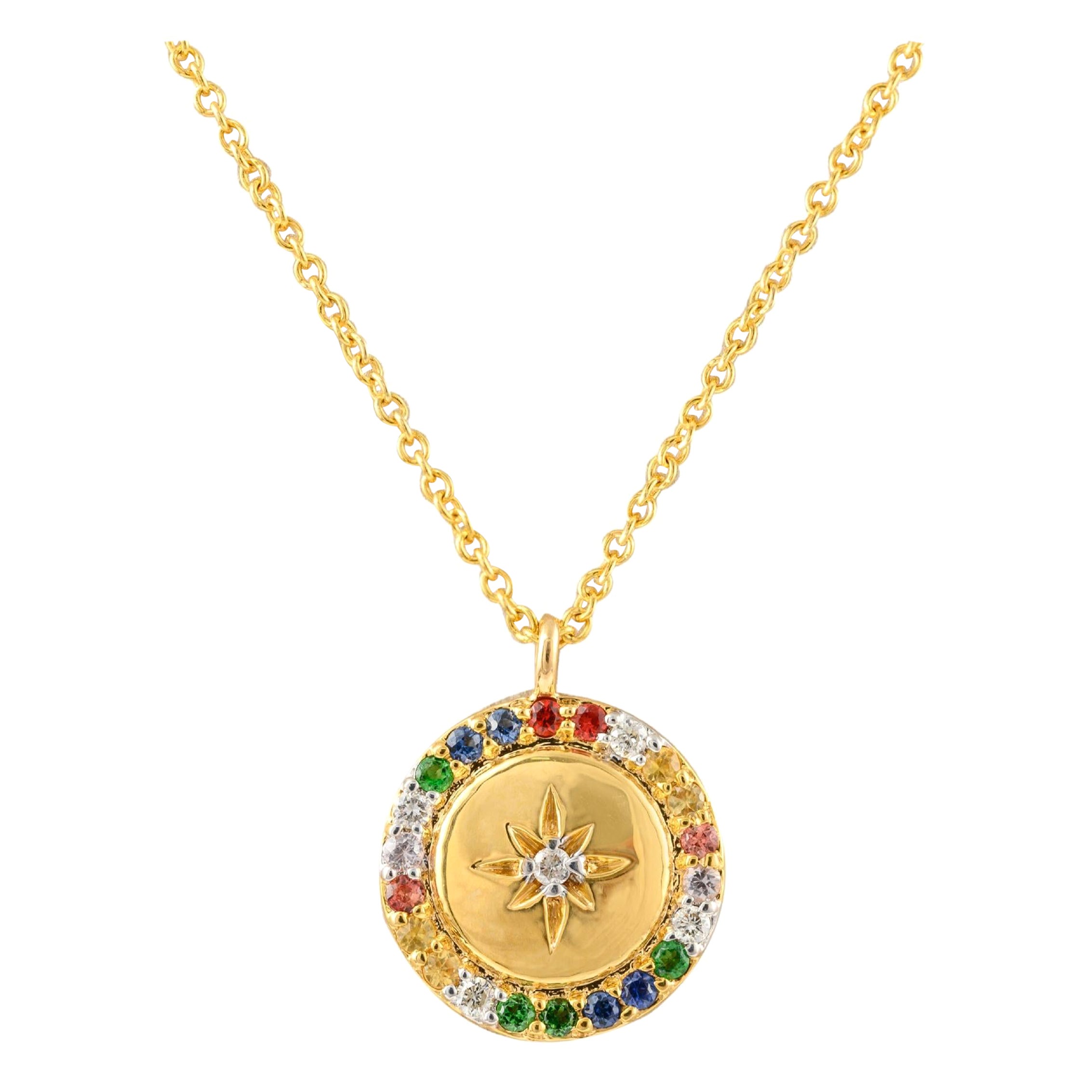 18k Solid Yellow Gold Multi Sapphire Disc Pendant Necklace, Thanksgiving Gift For Sale