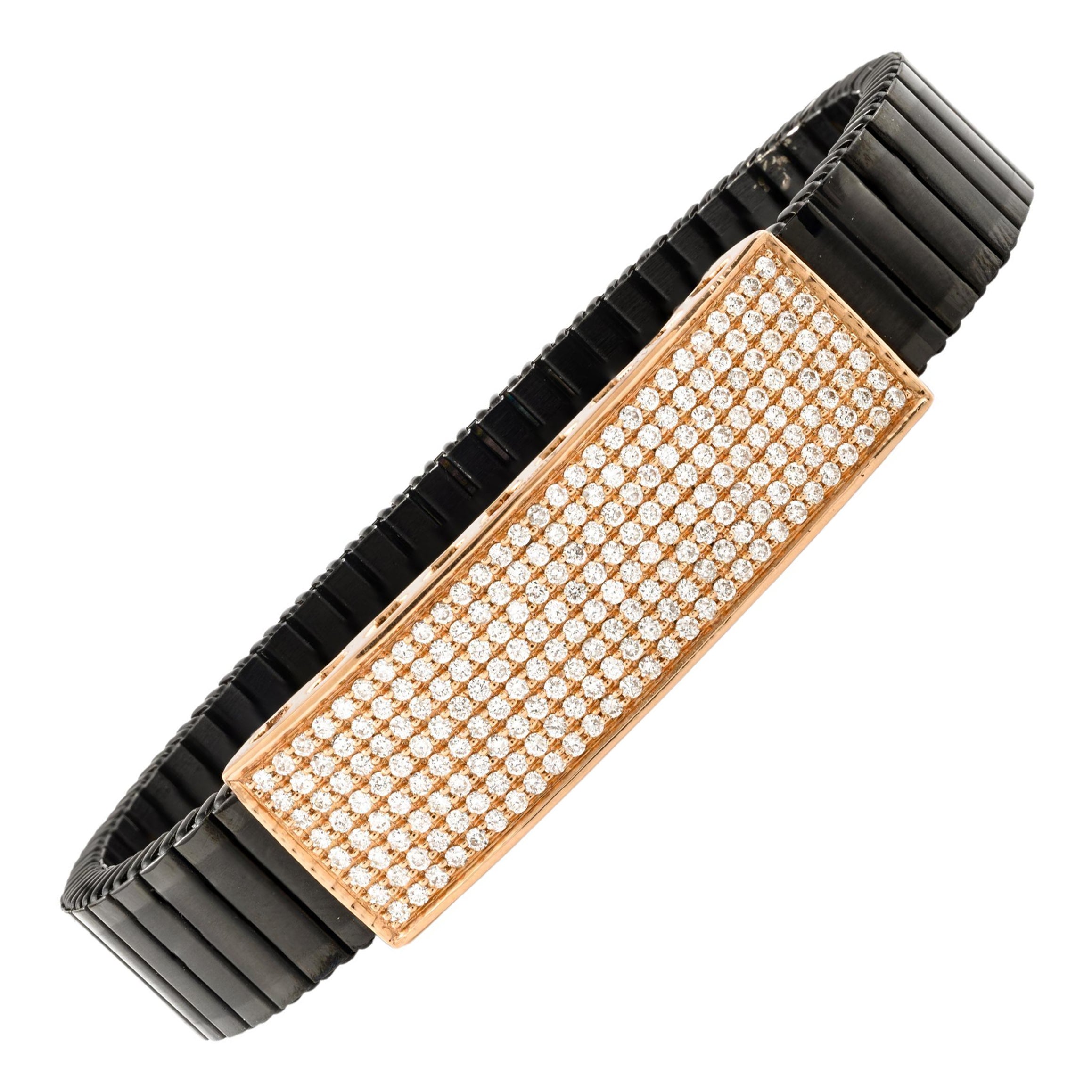 18k Rose Gold Diamond Abstract Men's Bracelet, Stretchable Bold Strap Bracelet