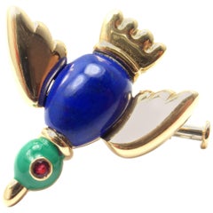 Cartier Lapis Lazuli Ruby Gold Bird Brooch Pin
