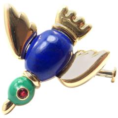 Cartier Lapis Lazuli Ruby Gold Bird Brooch Pin 2