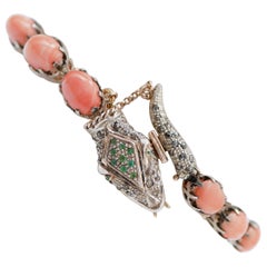 Vintage Corals, Emeralds, Tsavorite, Brown Diamonds, Rose Gold and Silver Snake Bracelet