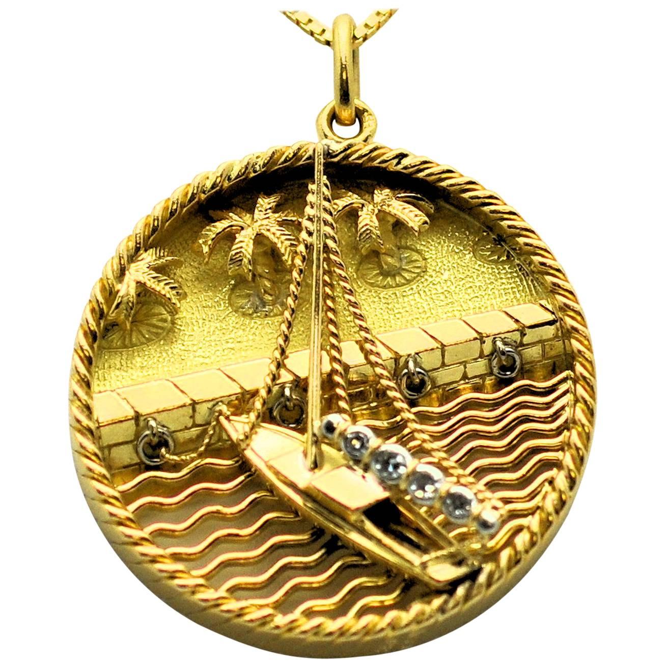 Gubelin Diamond Gold Sailboat and Beach Pendant Charm 