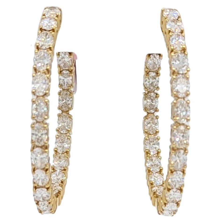 White Diamond Oval Hoop Earrings in 18K Yellow Gold For Sale