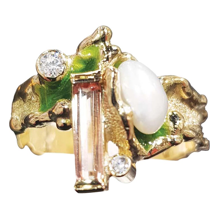 Paul Amey Imperial Topaz, Pearl and Diamond Molten Edge 18K Ring For Sale
