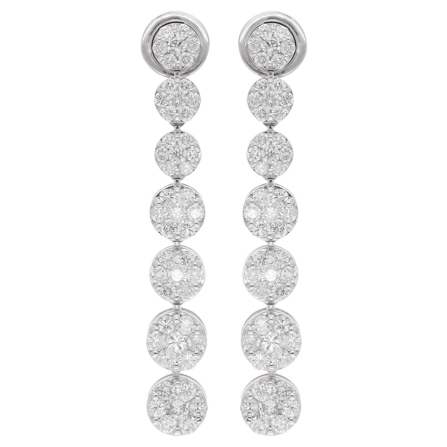 Longues boucles d'oreilles pendantes en or blanc 18 carats avec diamants pavés de 3,2 carats, fabrication artisanale
