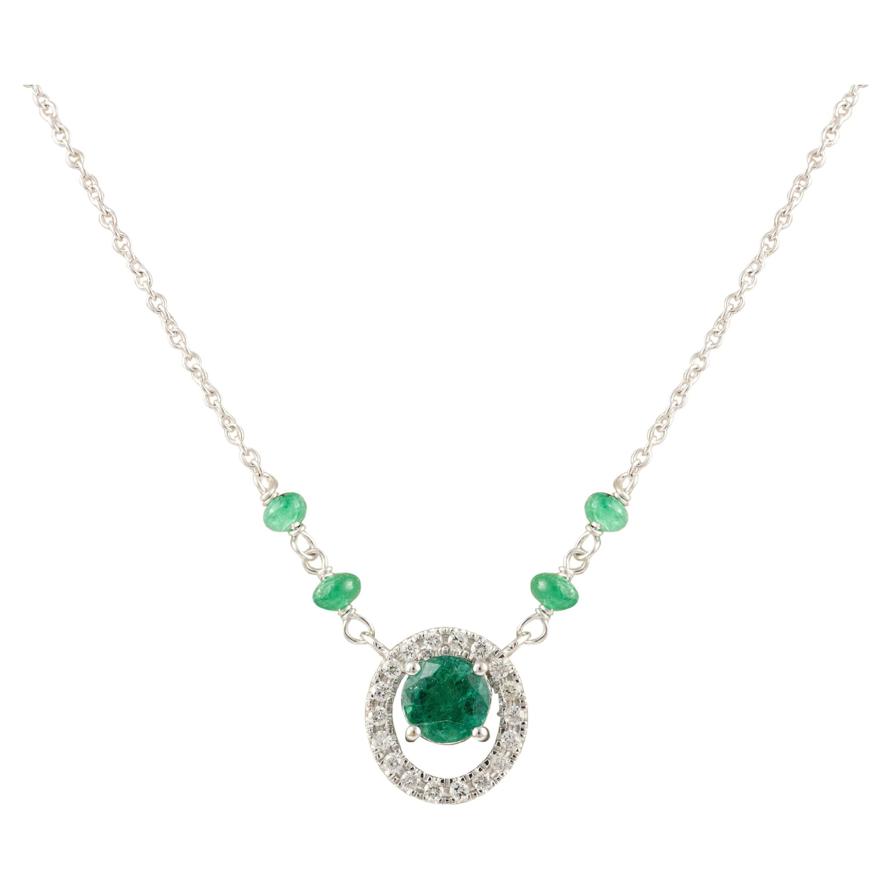 Everyday Emerald Diamond Necklace 18k Solid White Gold, Fine Jewelry Gift For Sale