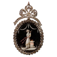 Antiquité Géorgienne Allégorie de l'Amour Miniature Pendentif 1800s Peinture Polychrome