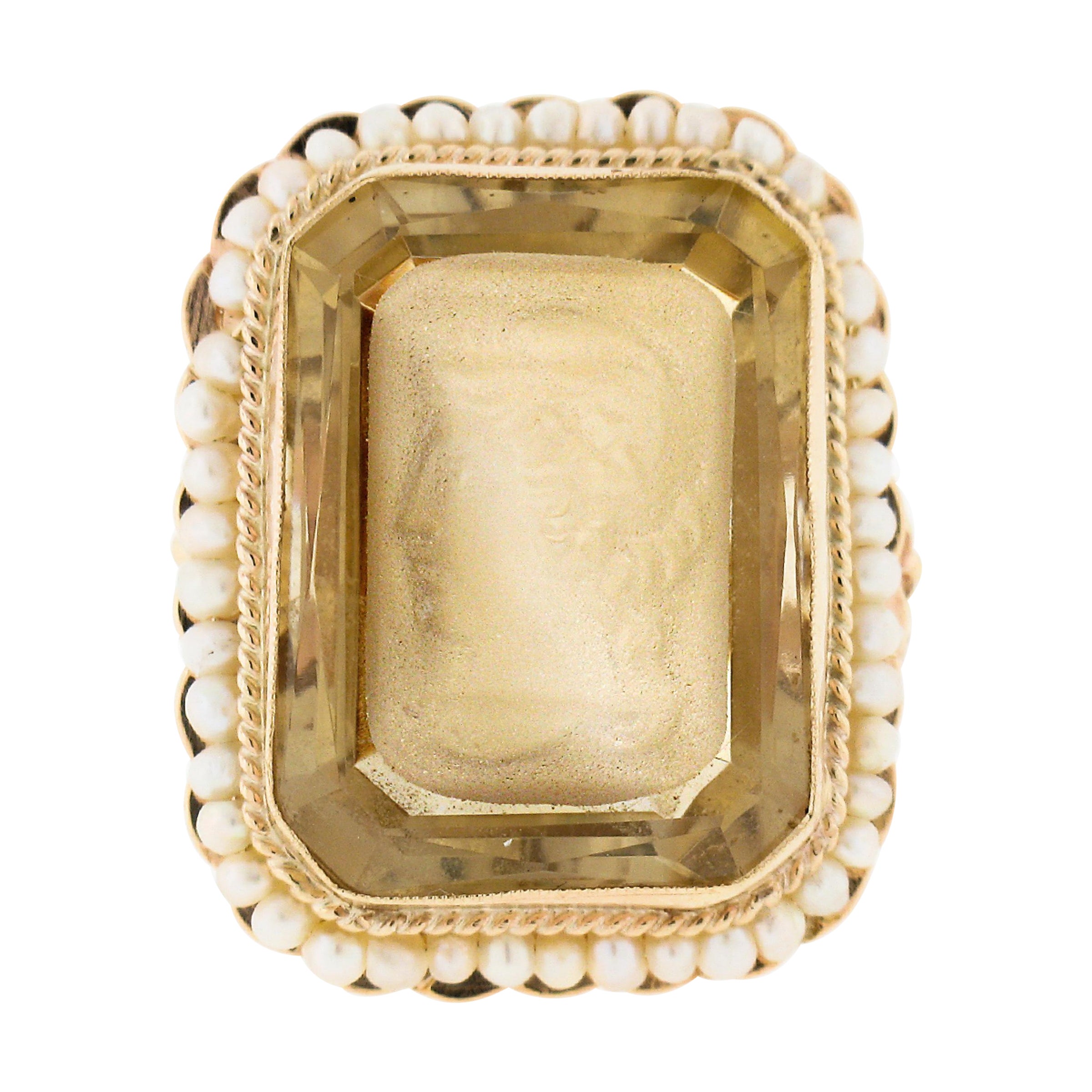 Vintage 14K Gold Rectangular Carved Citrine Intaglio Cameo Seed Pearl Halo Ring For Sale
