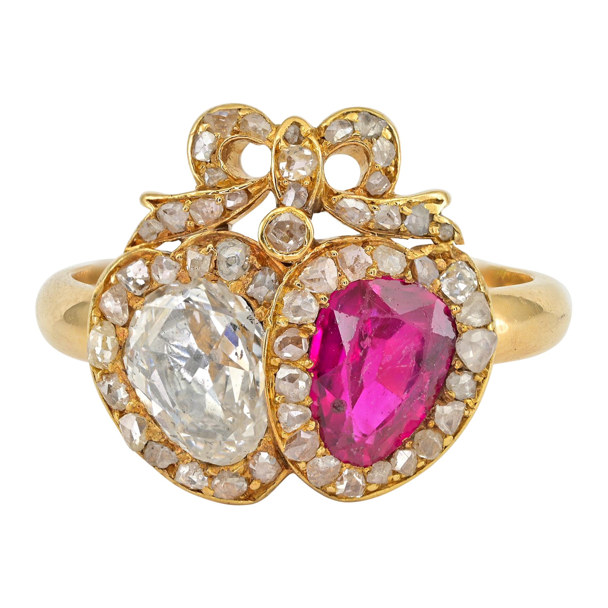 Georgian Double Heart Diamond Burmese Ruby 18 KT Ring For Sale