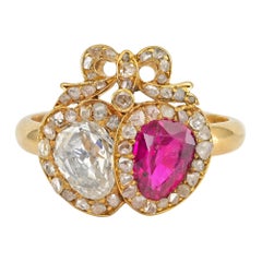 Georgian Double Heart Diamond Burmese Ruby 18 KT Ring