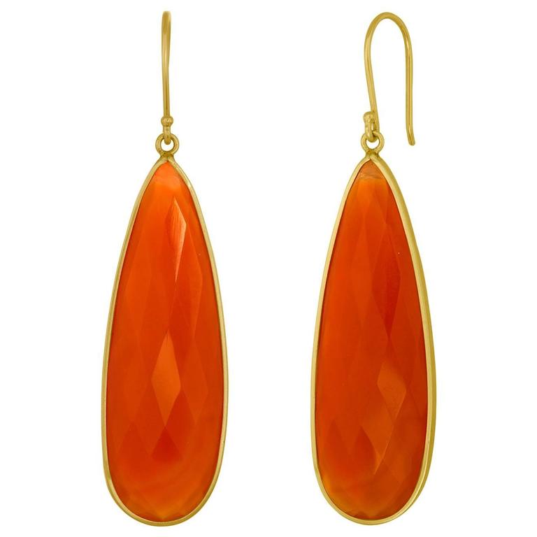 Long Carnelian Tear Drop Dangle Gold Earrings For Sale at 1stdibs