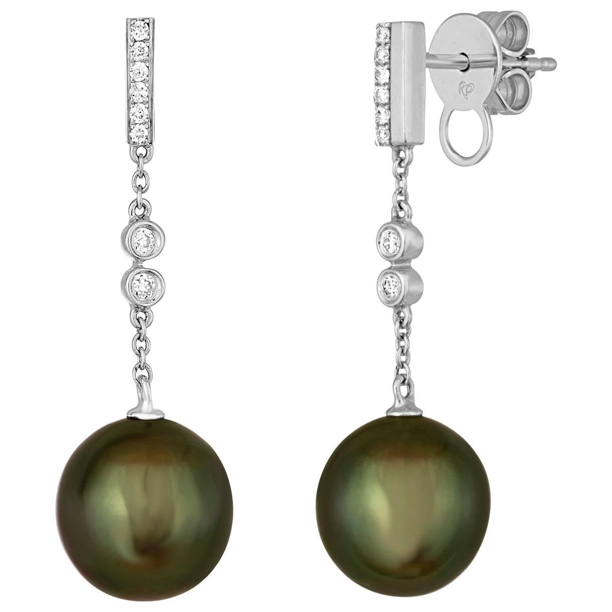 9.6MM Tahitian Peacock Cultured Pearls And Diamond Gold Dangle Earrings For Sale