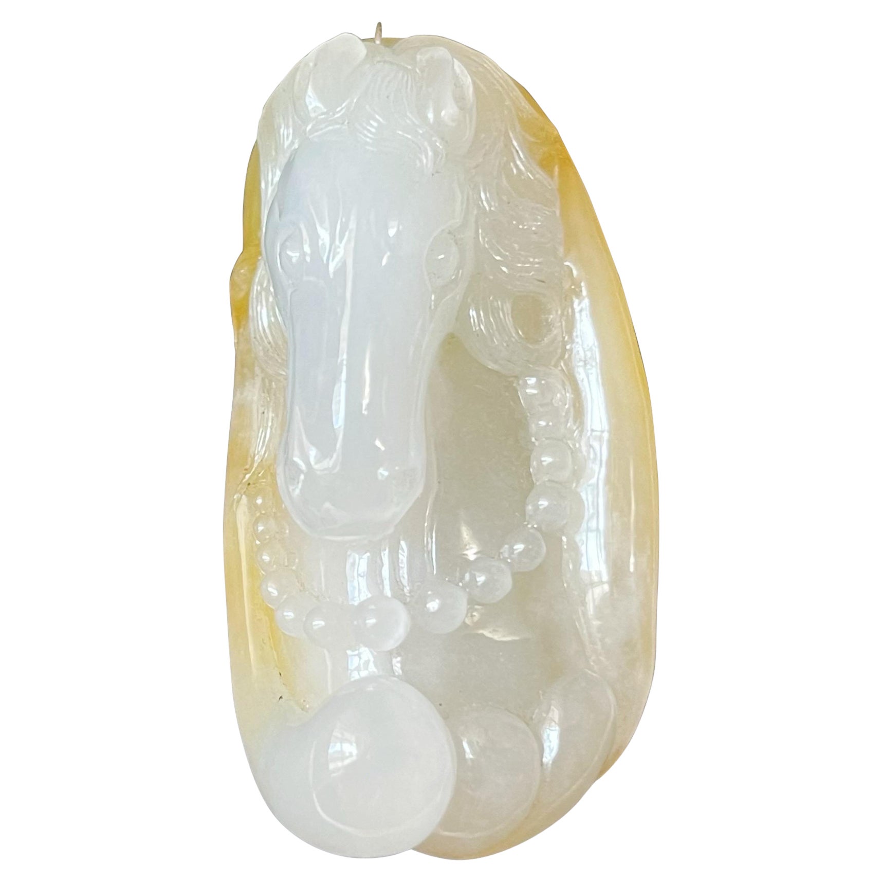 Natural Myanmar Icy Honey Yellow Carved Horse Jadeite Pendant Jade Piece For Sale