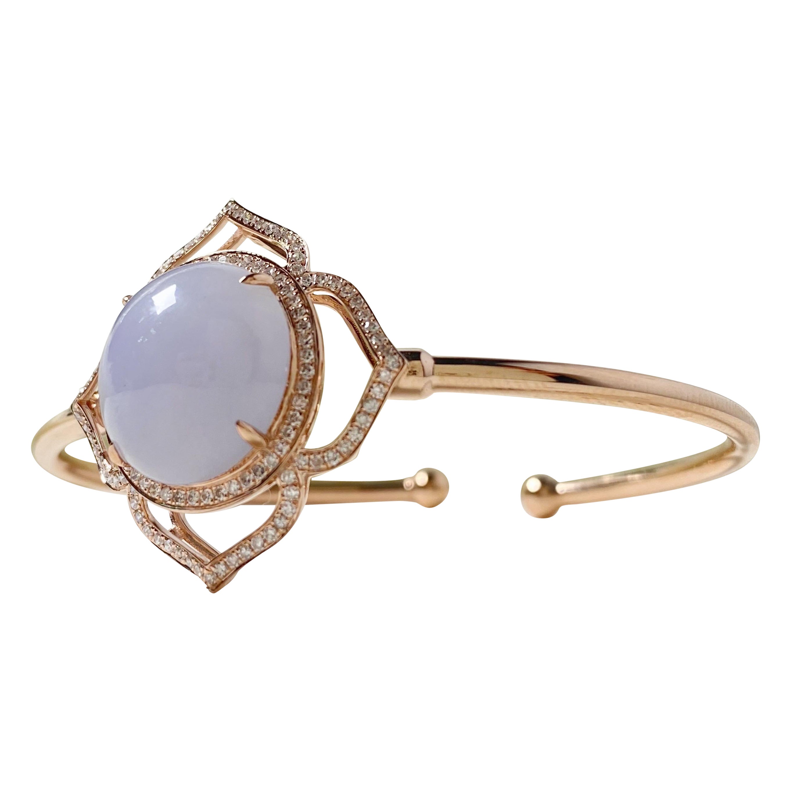 Natural Myanmar Lavender Jadeite Cabochon Bracelet in 18K Rose Gold & Diamond