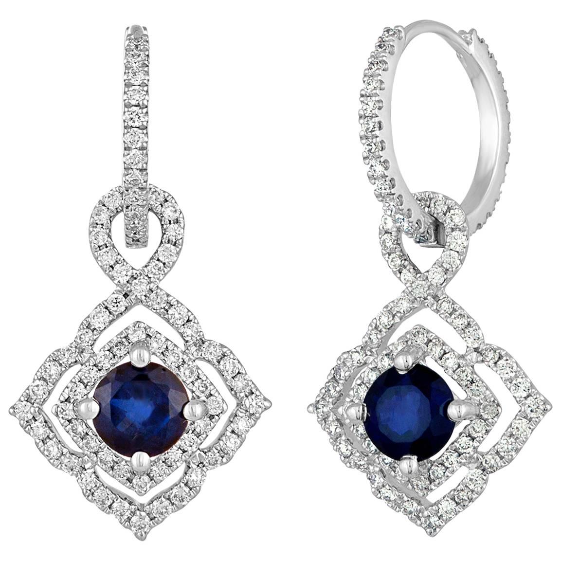 1.47 Carats Sapphire Diamond Gold Dangle Earrings For Sale