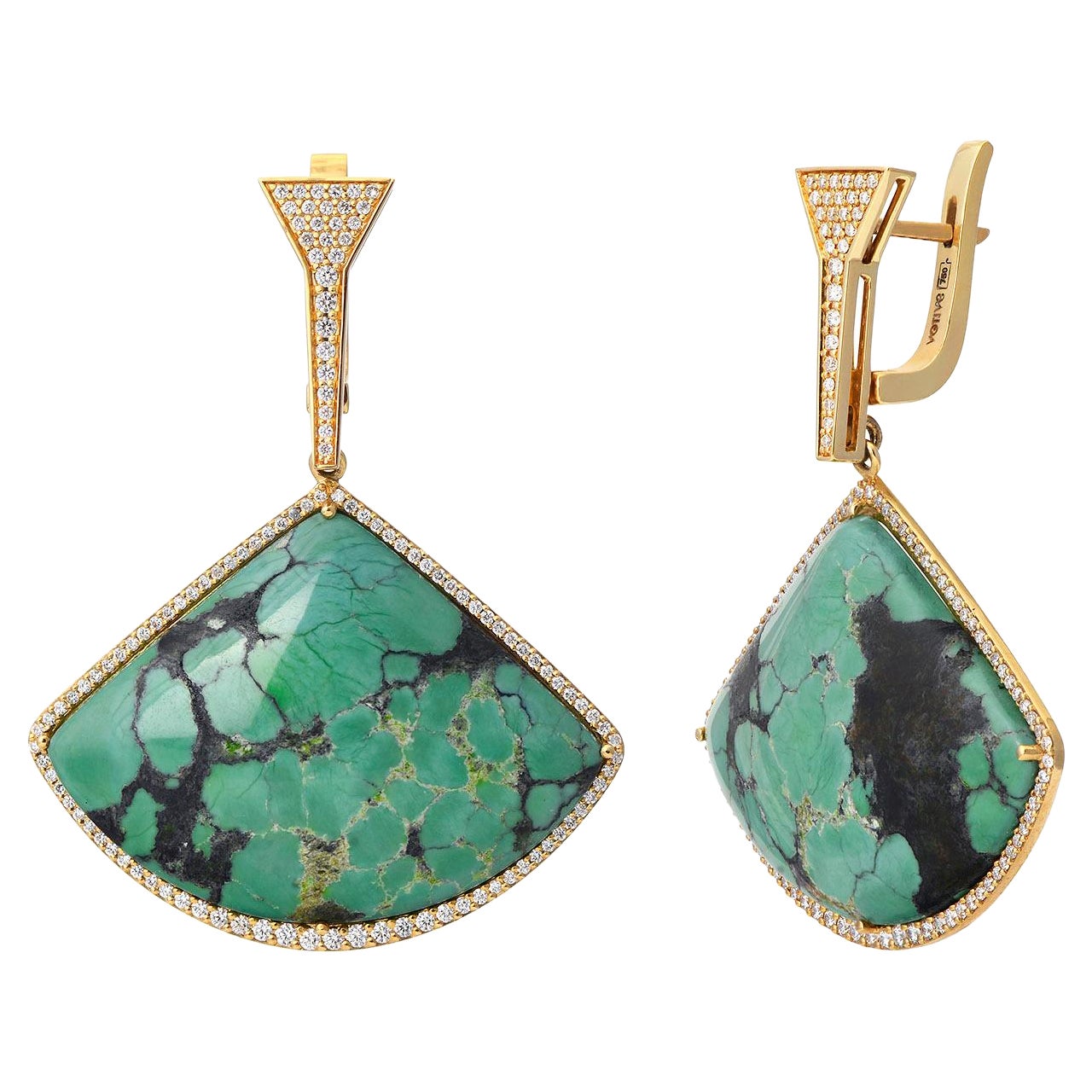 18K Gold Earrings with Green Turquoise and Diamonds For Sale