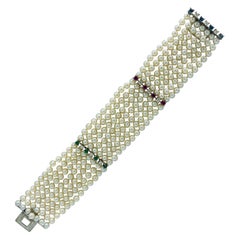 JROCA Retro 7-Row Pearls, Diamonds, Emeralds, Sapphires & Rubys Bracelet 18k