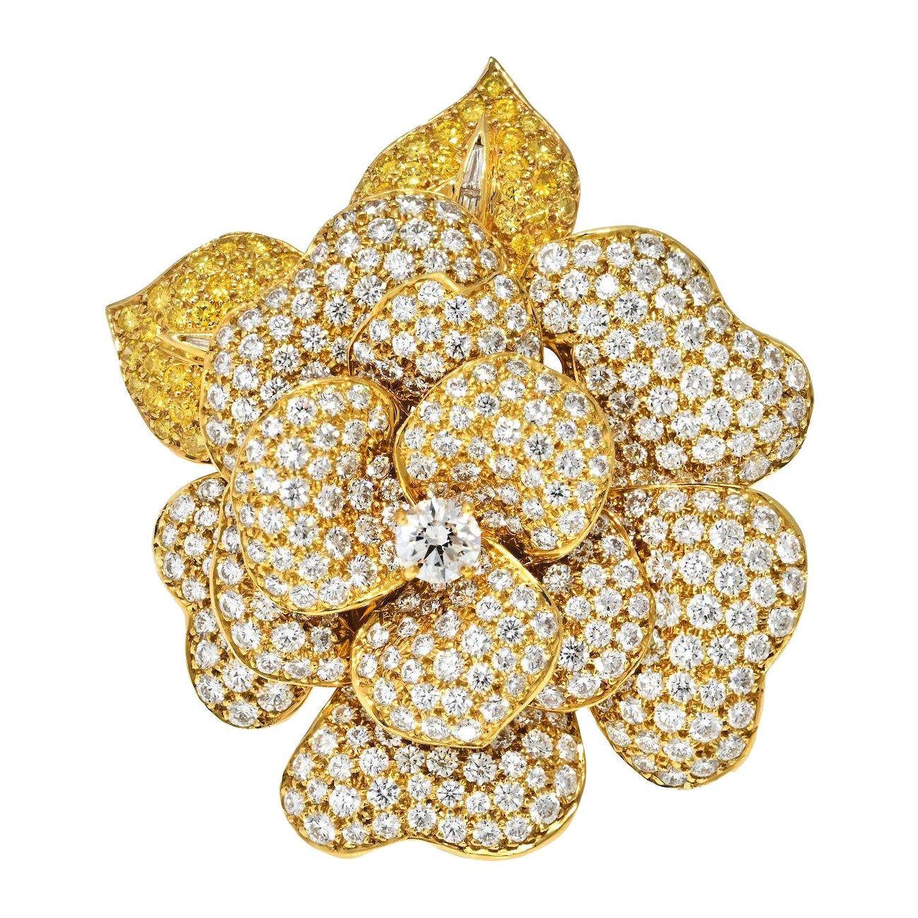 Estate 18K Yellow Gold 27.00cts Diamond Flower Brooch For Sale