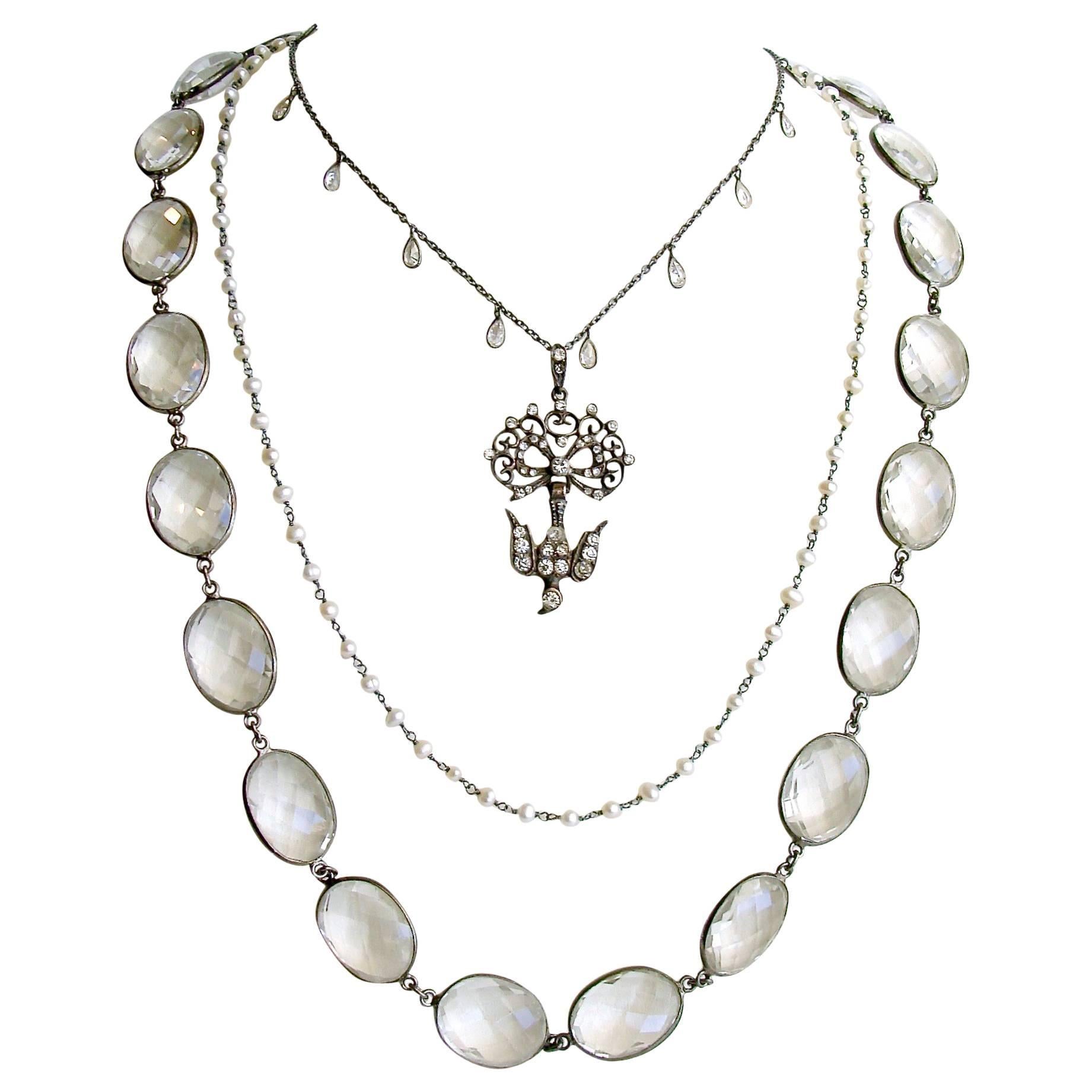 Rock Crystal Pearls White Topaz Antique Paste Saint Esprit Dove Pendant