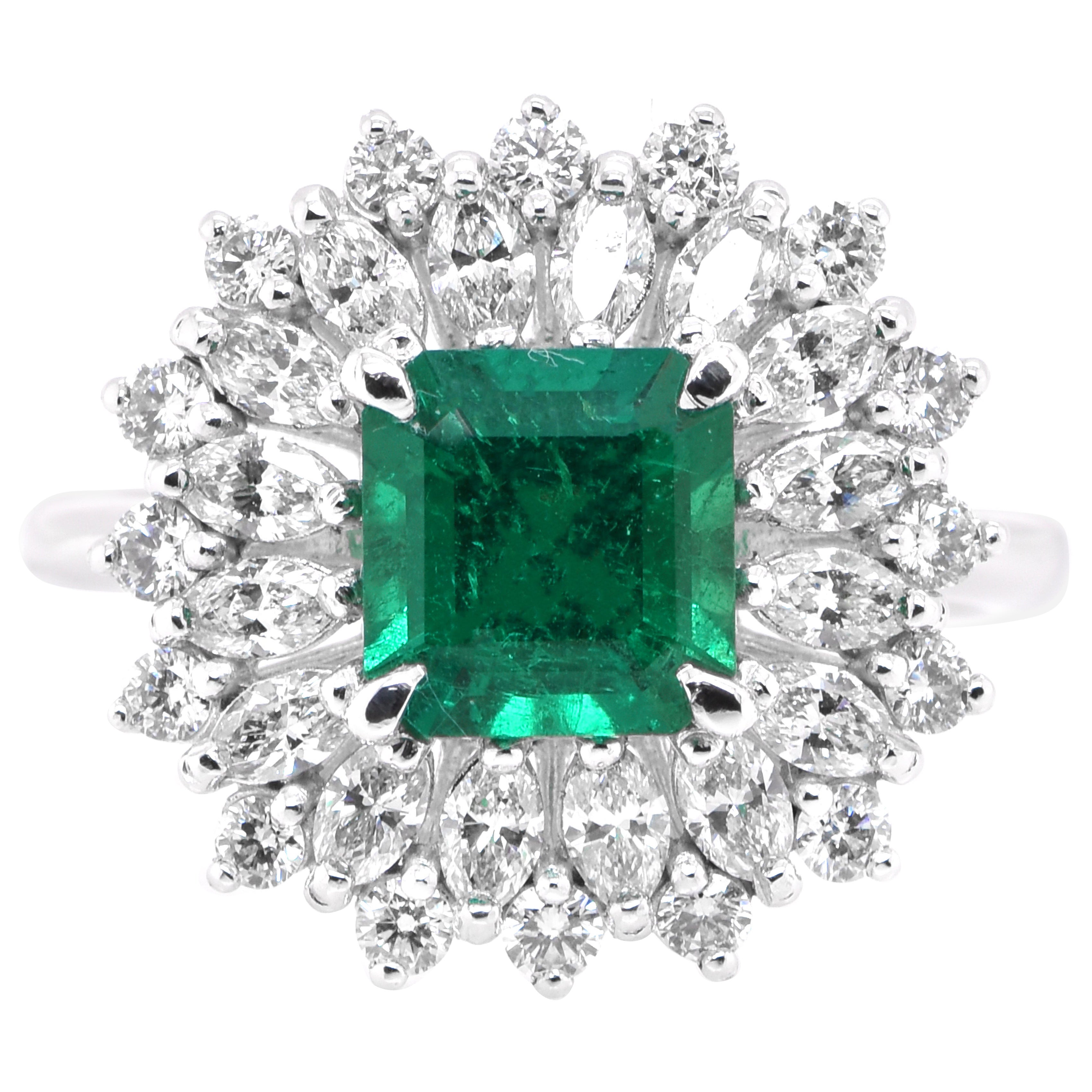 1.51 Carat Vivid Green, Colombian Emerald and Diamond Ring Set in Platinum For Sale