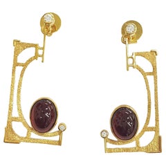 Paul Amey “Deco” 9K Yellow Gold, Garnet and Diamond Stud Earrings