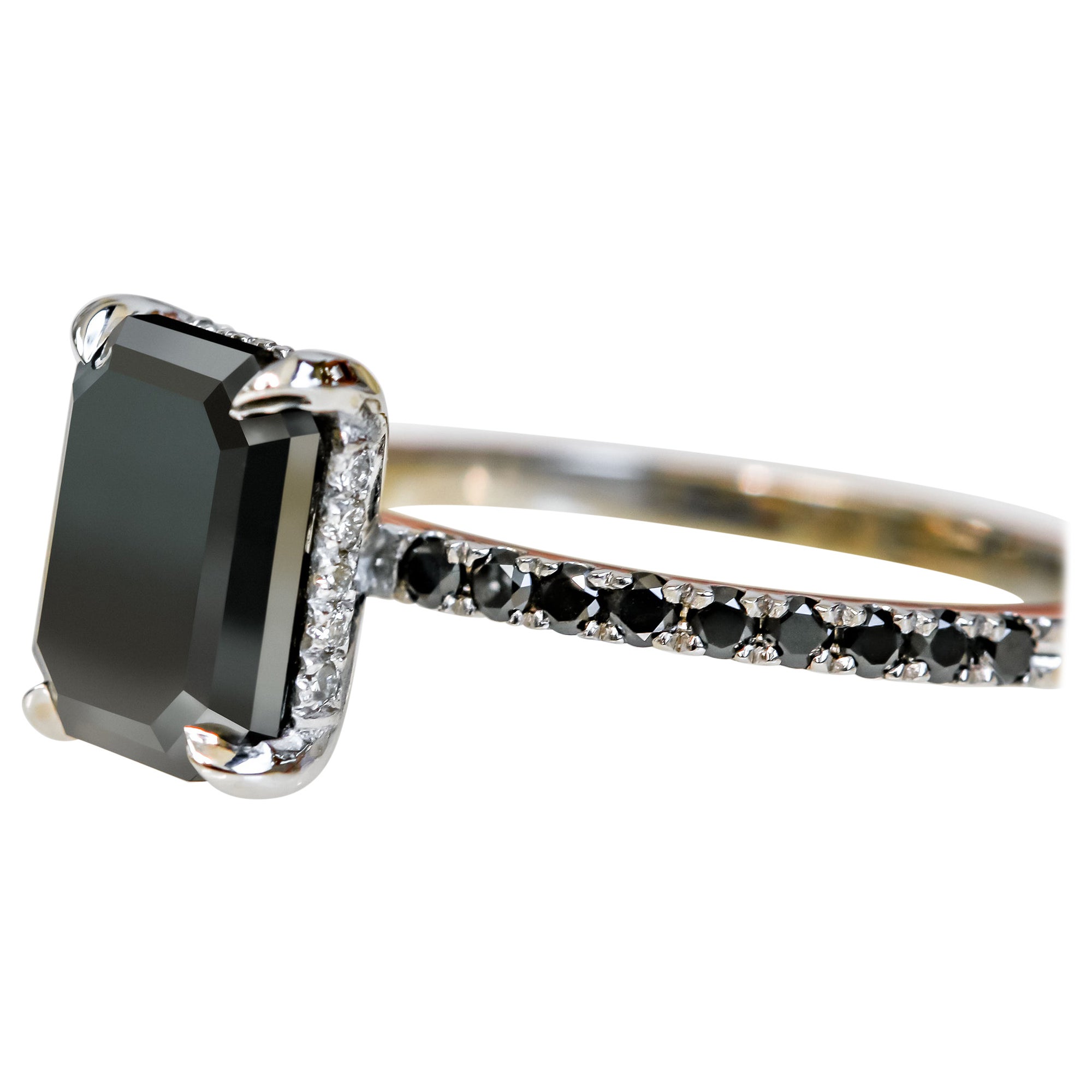 Noir Mystique Unique Natural Black Diamond Emerald Cut Engagement Ring - 3.35 Ct For Sale