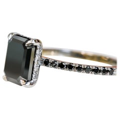 Used Noir Mystique Unique Natural Black Diamond Emerald Cut Engagement Ring - 3.35 Ct
