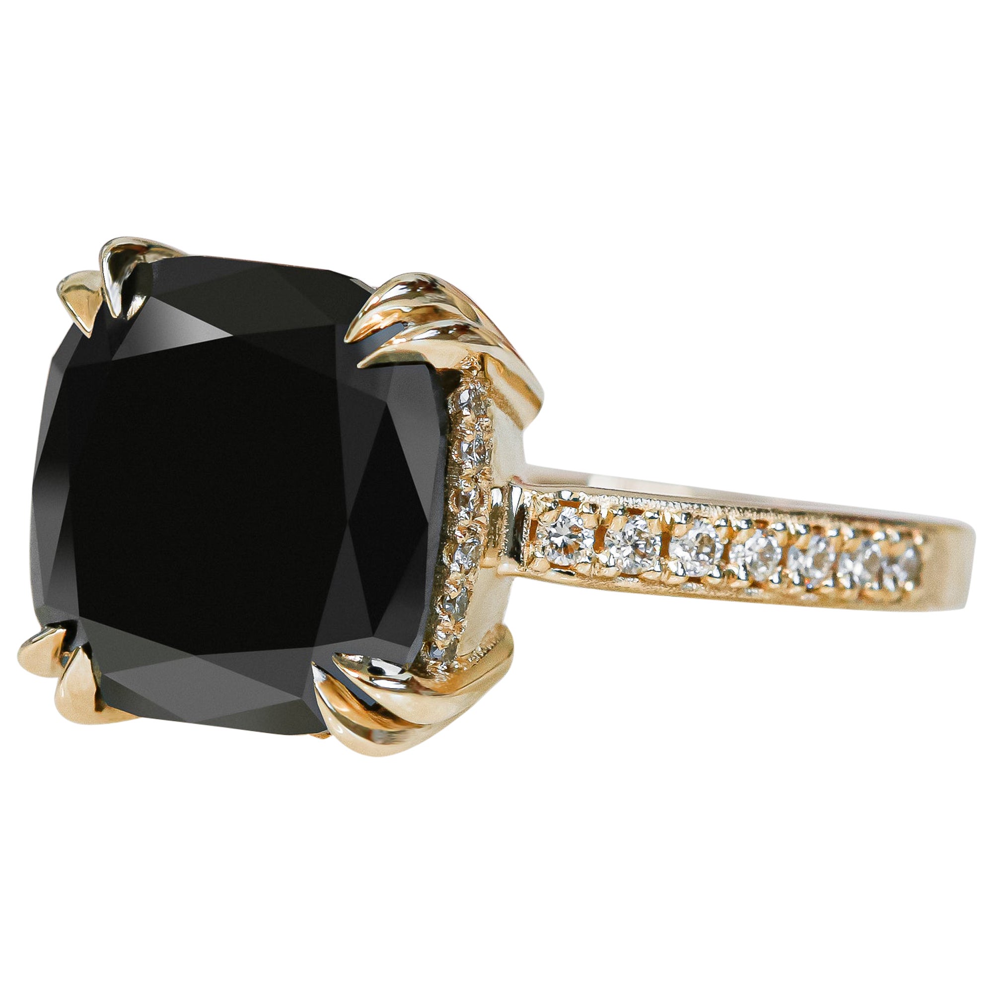 Magellanic Cloud Art Deco Natural Black Diamond Cushion Engagement Ring For Sale