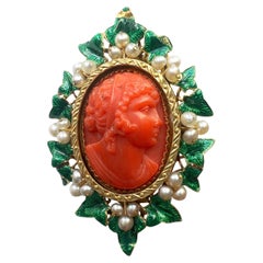 Victorian 18K gold coral cameo brooch with ivy leaves and natural seed pearls