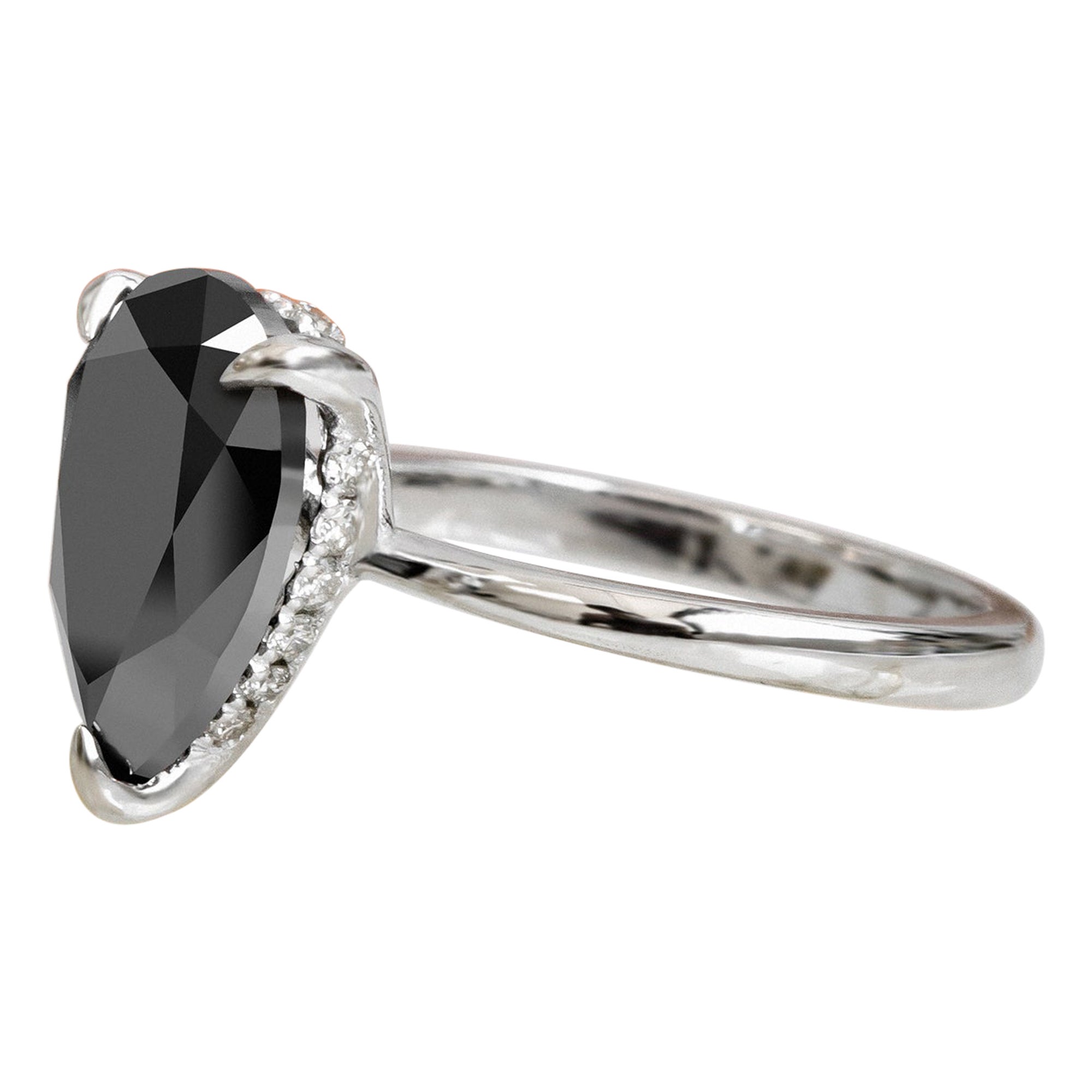 Noche Negra Hidden Halo Natural Black Diamond Pear Engagement Ring For Sale