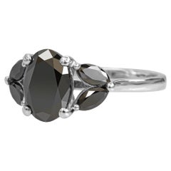 Floral Multi Shaped Natural Black Diamond Oval Cut Engagement Ring - 2.6 Ct