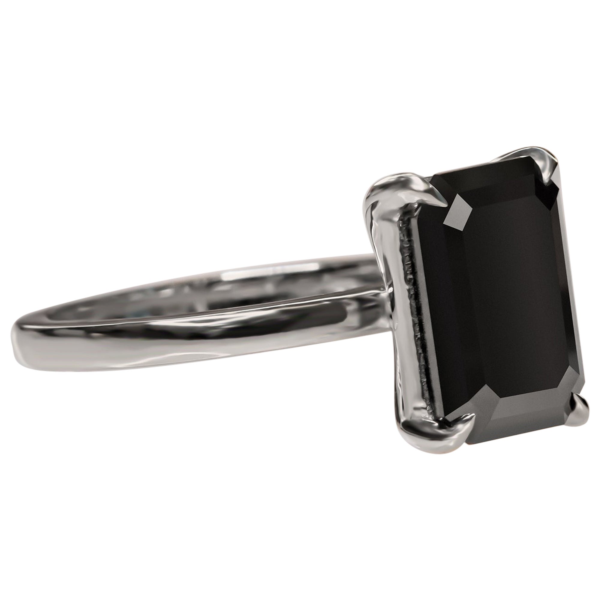 Cepheus Solitaire Natural Black Diamond Emerald Cut Engagement Ring - 2.52 Ct For Sale