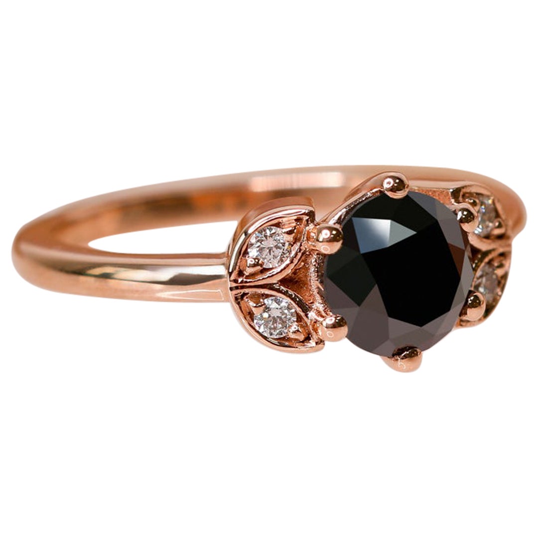 Lynx Floral Natural Black Diamond Round Cut Engagement Ring - 3.15 Ct For Sale