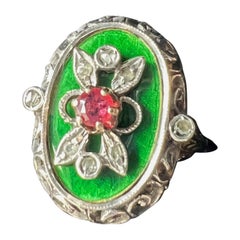 Antique 18K gold green enamel ruby diamond floral ring