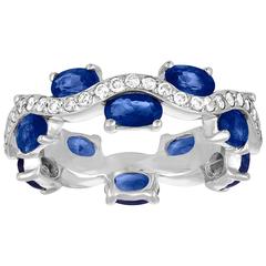 Blue Sapphire & Diamond Wave Gold Band Ring