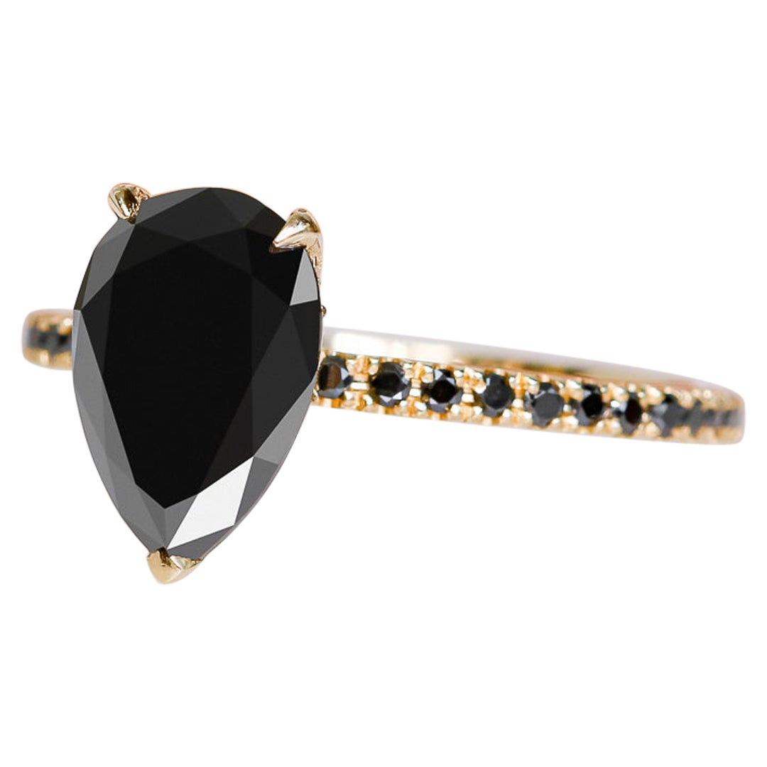 Perseus Unique Natural Black Diamond Pear Engagement Ring - 2.20 Ct For Sale