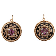 Victorian French Etruscan Revival Black Onyx Gem Set 18 KT earrings